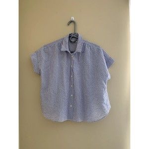 Madewell Small Blue Checkered Gingham Cropped Short Sleeve Buttoned Collared Top